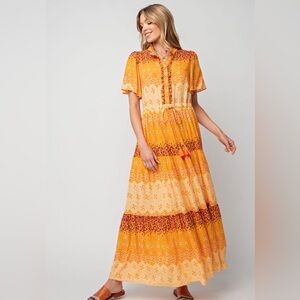 Easel Tangy Tangerine Border Printed Challis Maxi Dress NWT
